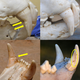Left top and bottom images show snare damage to teeth. Right top and bottom images show natural tooth wear.